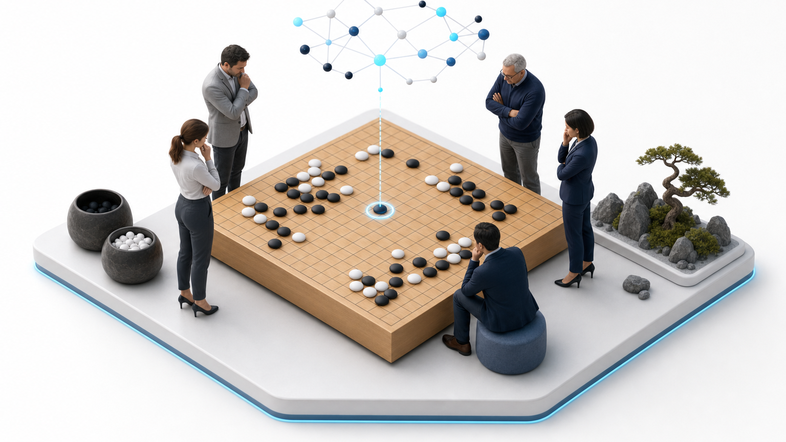 A Go board as a symbol of machine strategy and human judgement