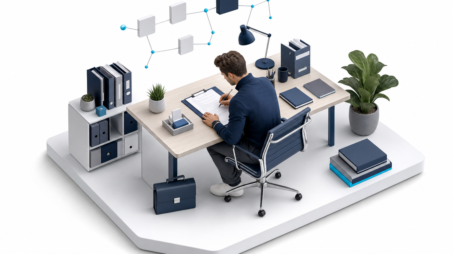 A founder filling in a structured business plan template at a desk