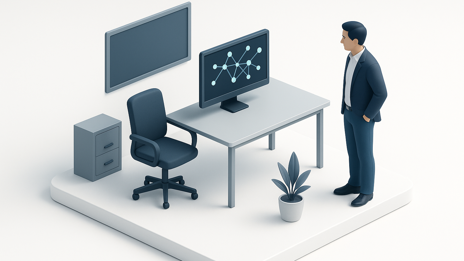 Ein Büro mit einem leeren Schreibtisch und einem Computer, der von einem Algorithmus gesteuert wird.