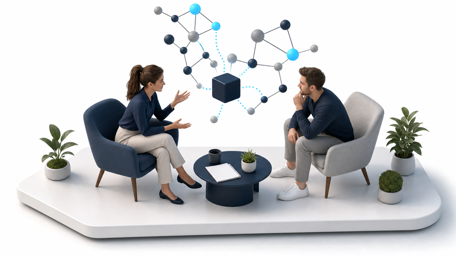 A person and AI in dialogue while the human keeps thinking actively