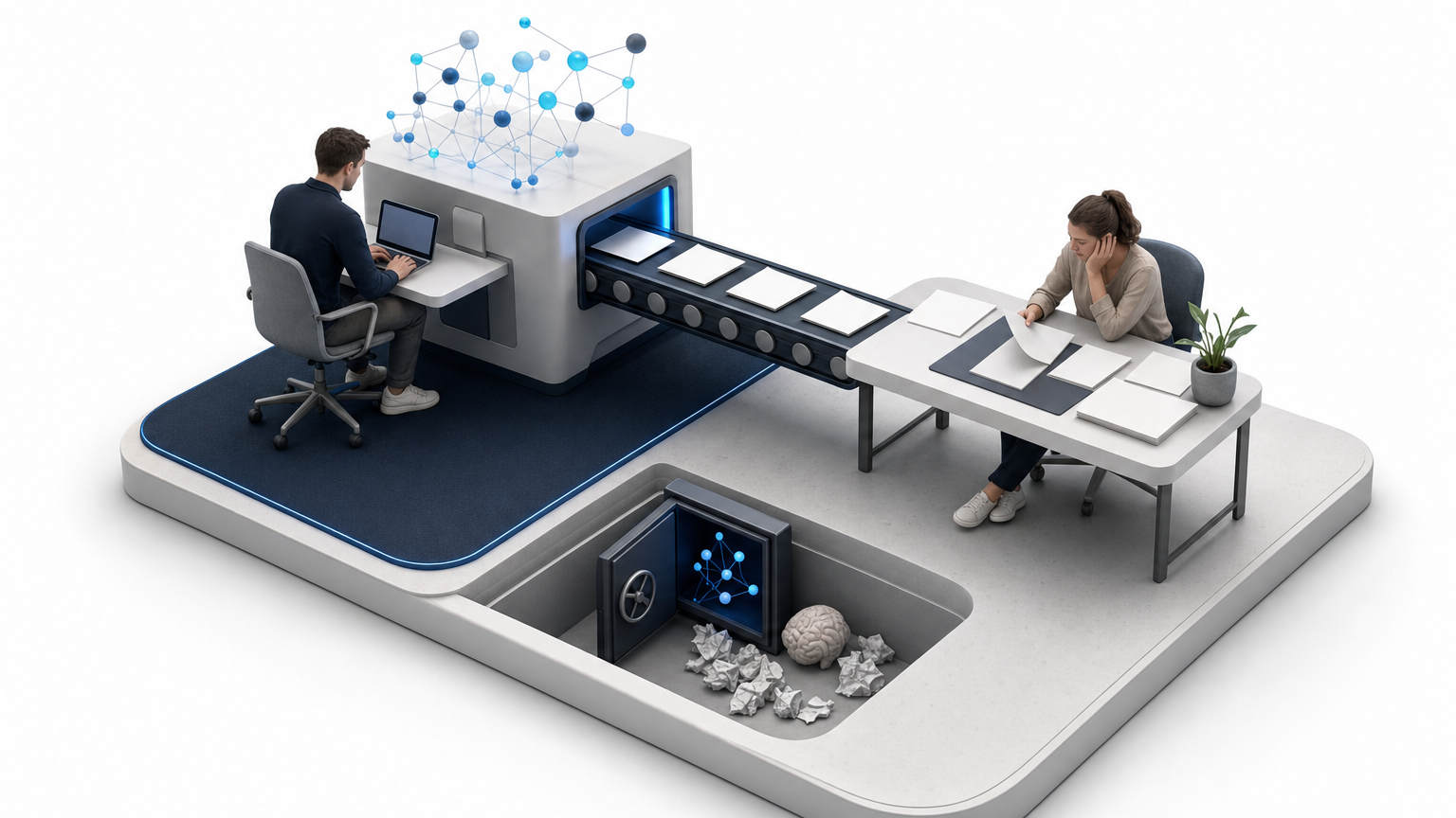 A person and AI in dialogue while the human keeps thinking actively