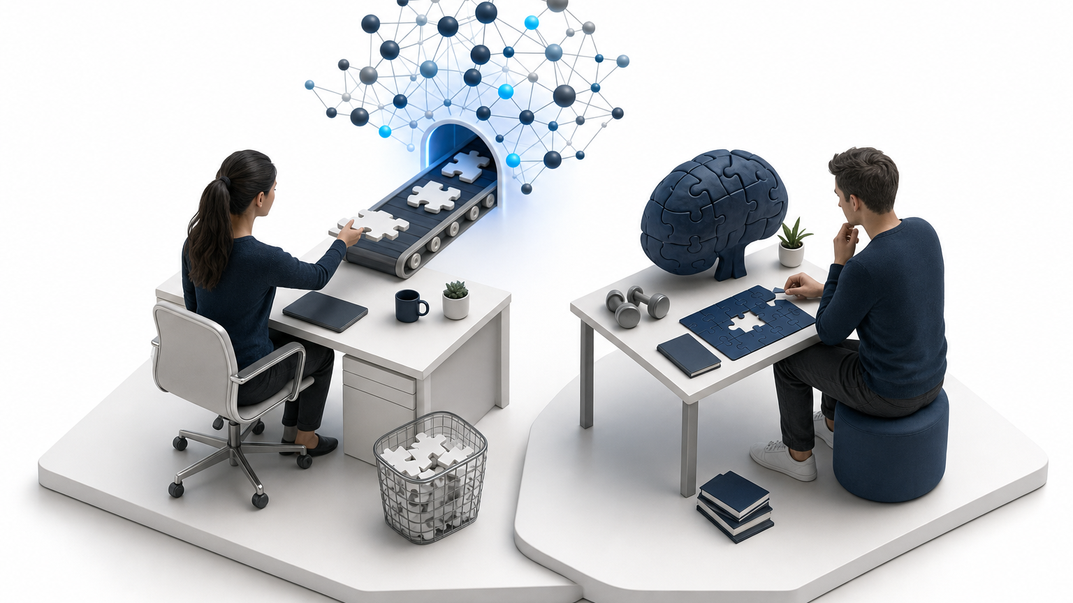 A person and AI in dialogue while the human keeps thinking actively