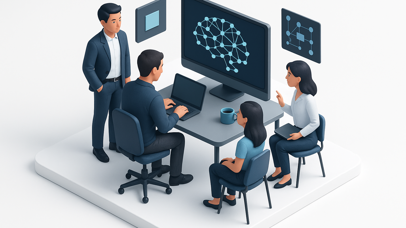 Ein Team von Entwicklern in einem modernen Büro, die an einem KI-Projekt arbeiten
