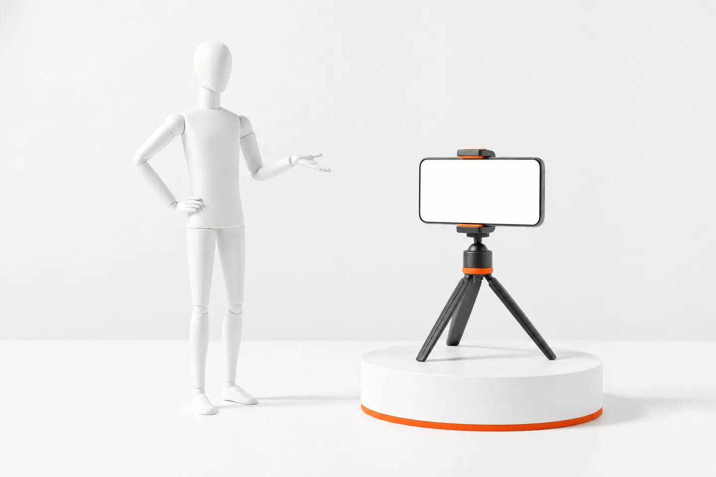 A faceless white mannequin gesturing toward a blank phone on a small tripod standing on a white pedestal