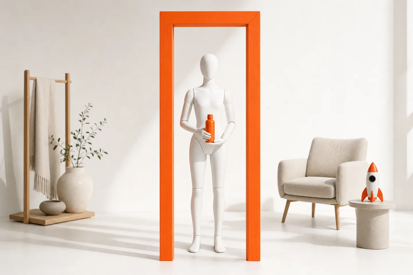 A faceless white mannequin in a tall vertical orange frame holding a small orange bottle