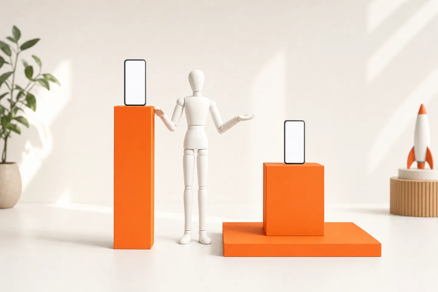 A faceless white mannequin between a tall slim orange column and a low wide orange block, a blank phone on top of each