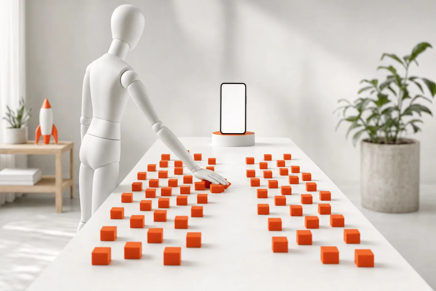 A faceless white mannequin sliding rows of small orange cubes on a long white table toward a single blank phone on a pedestal