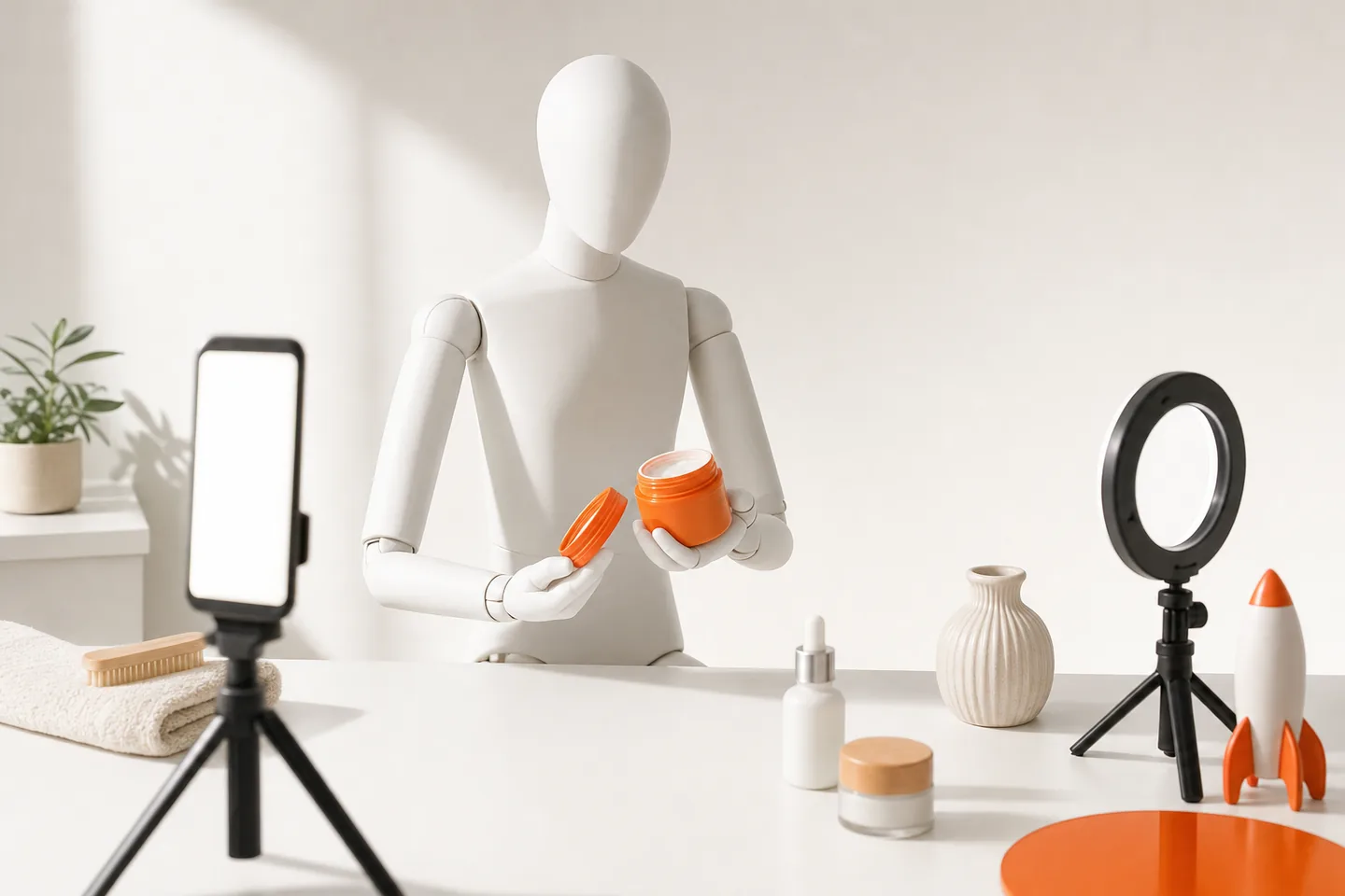 A faceless white mannequin opening an orange jar at a white desk, a phone on a small tripod and a ring light beside it