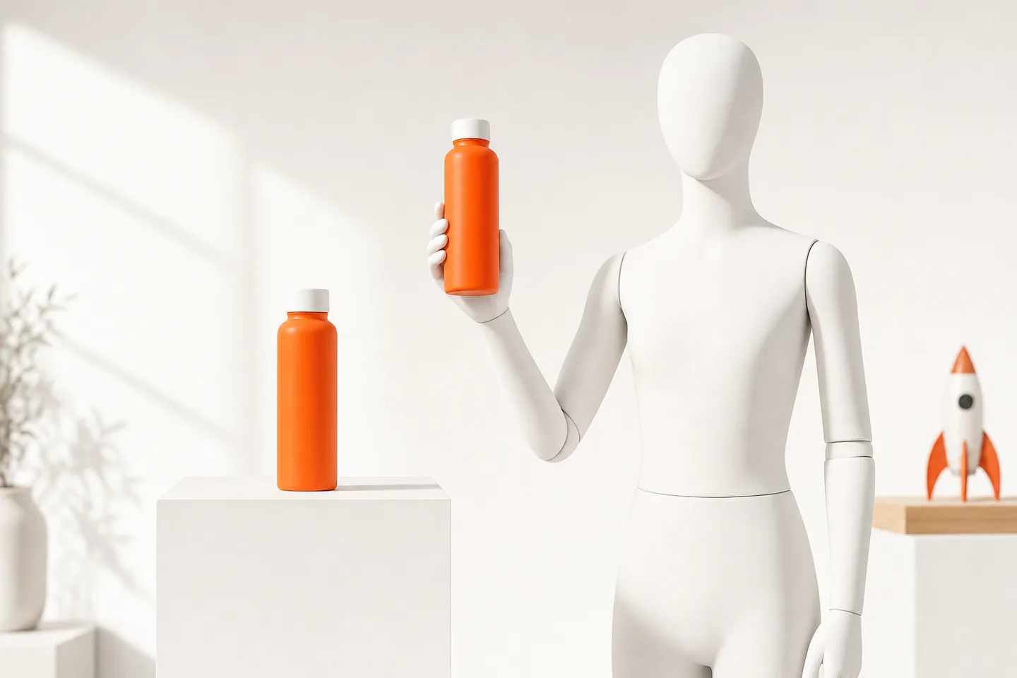 A faceless white mannequin comparing an orange bottle in its hand with an identical orange bottle on a white plinth