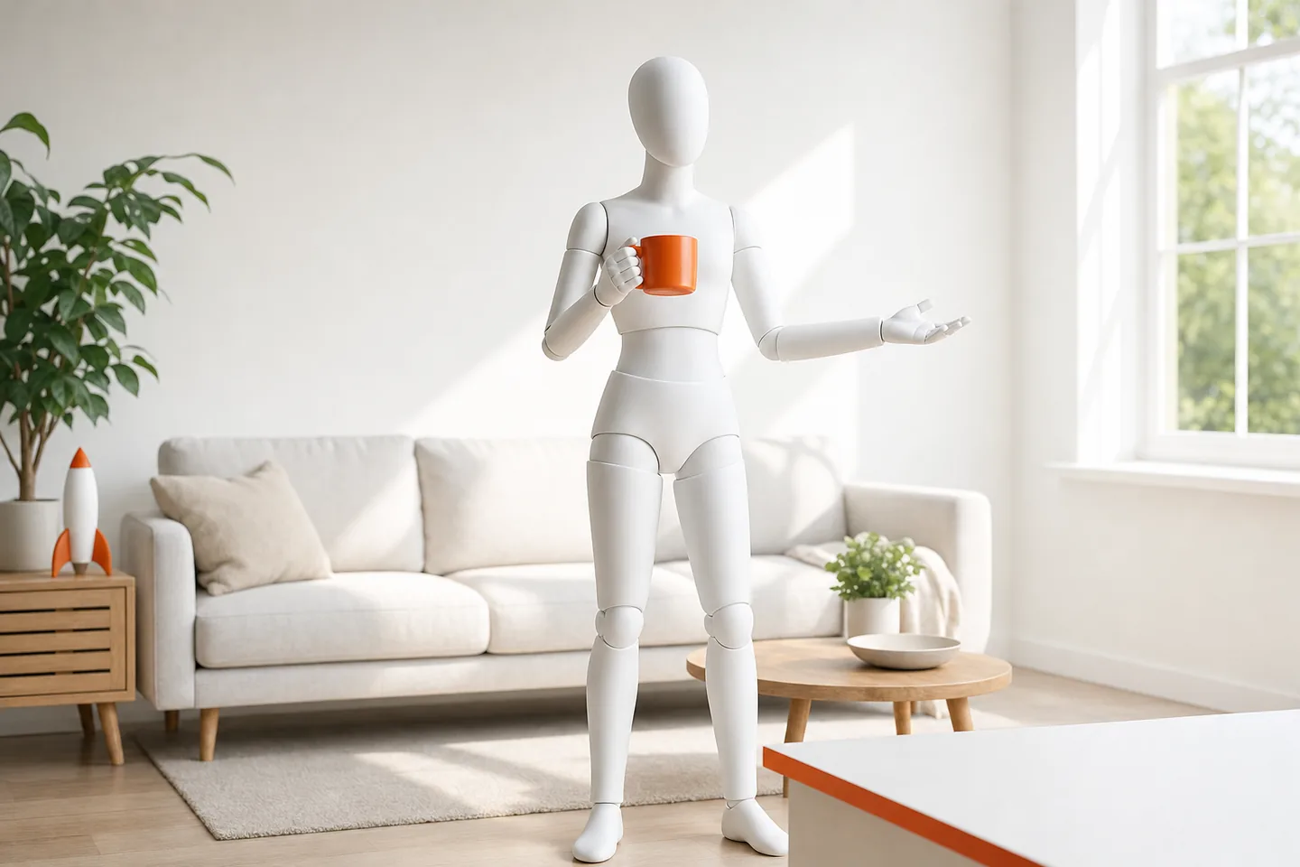 A faceless white mannequin in a bright living room holding an orange mug, with no signs or graphics anywhere