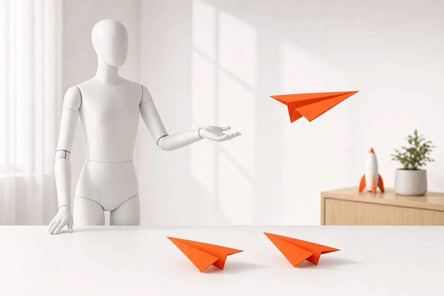 Three orange paper planes on a white table, one of them flying ahead while a faceless white mannequin watches