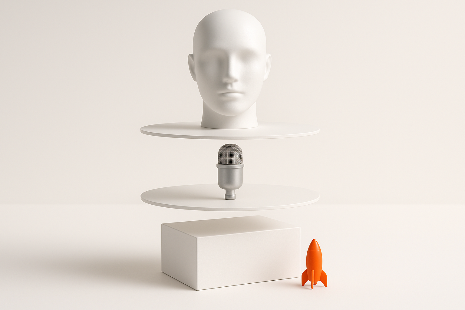 A faceless white mannequin head, a studio microphone and a product box floating apart in three layers above a bright white surface with an orange rocket below