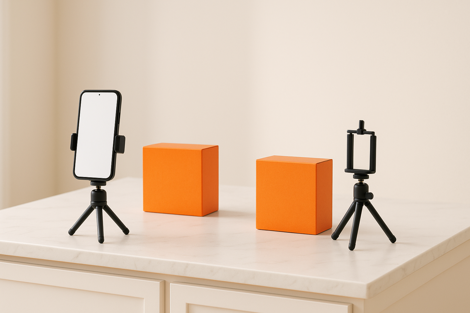 Two identical counters with the same orange product box, one filmed by a phone on a tripod and one with an empty tripod clamp