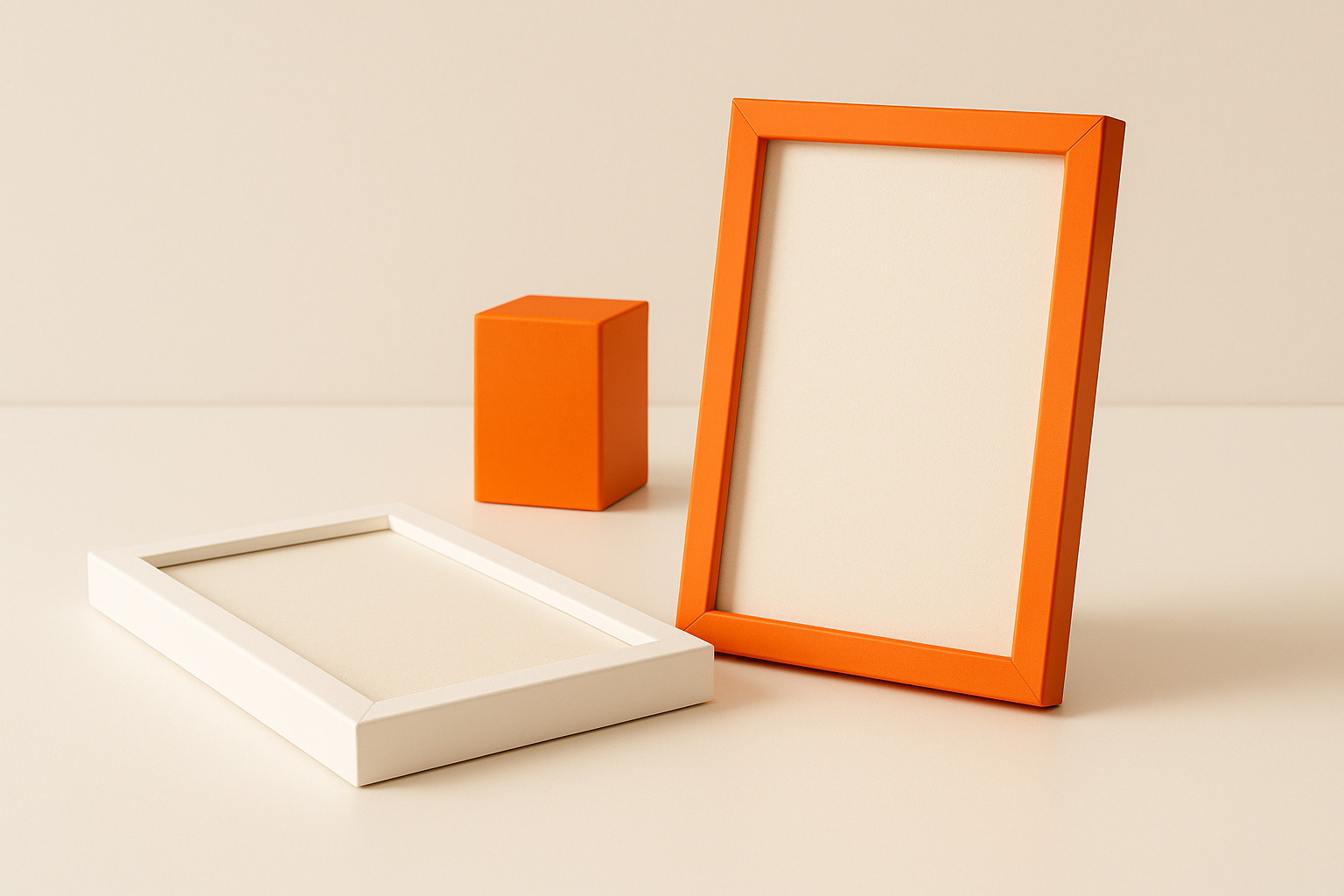 An upright orange portrait picture frame standing on a bright table beside a wide white frame lying flat on its face