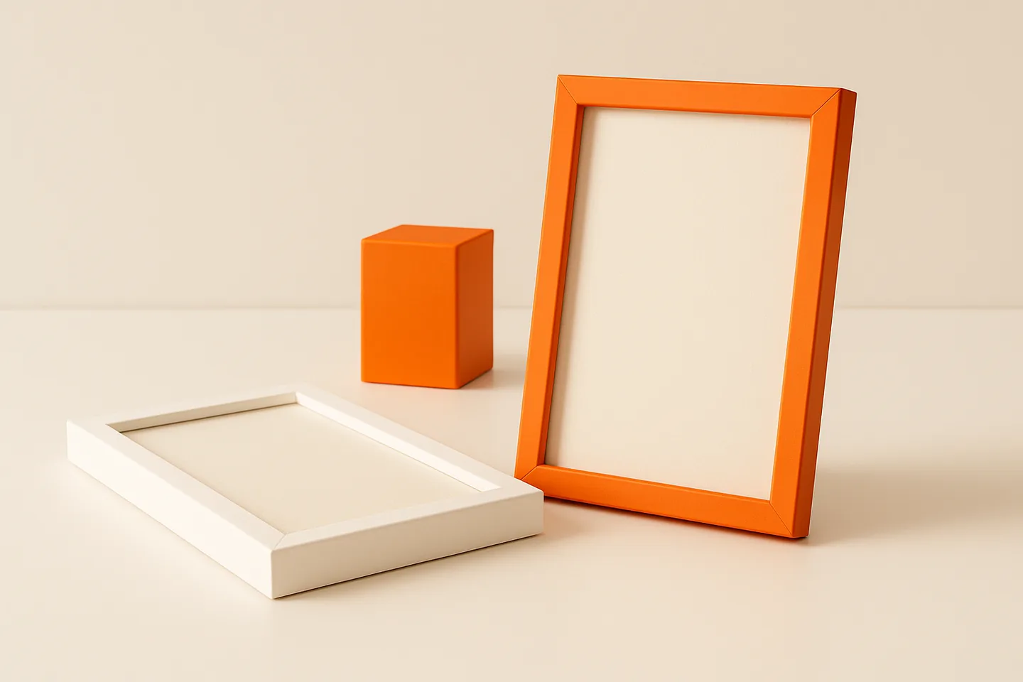 An upright orange portrait picture frame standing on a bright table beside a wide white frame lying flat on its face