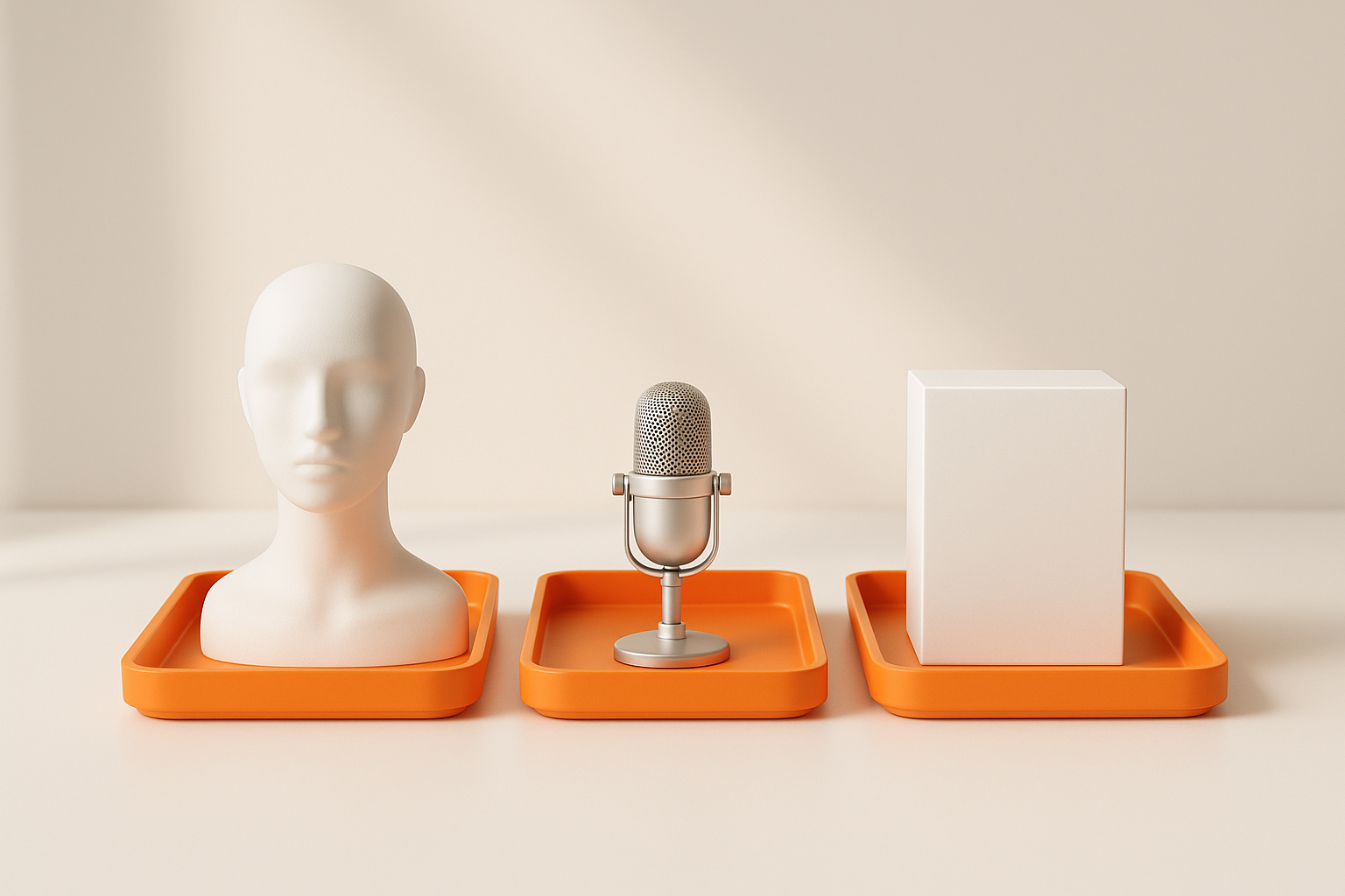 Three orange trays holding a faceless mannequin head, a microphone and a product box, feeding into one larger white tray holding all three