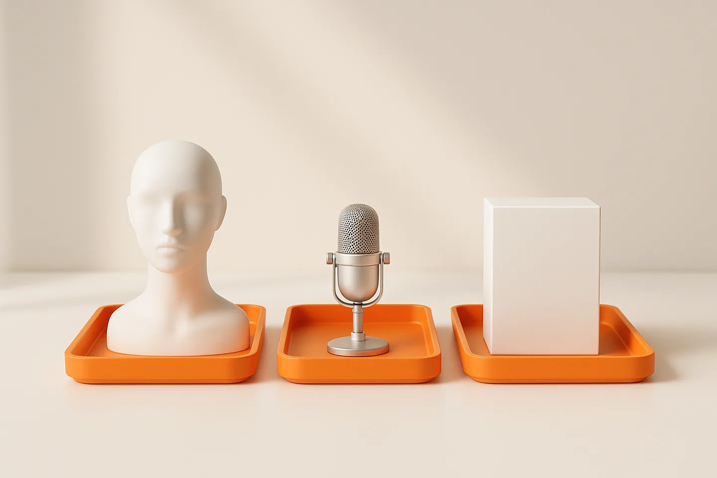 Three orange trays holding a faceless mannequin head, a microphone and a product box, feeding into one larger white tray holding all three