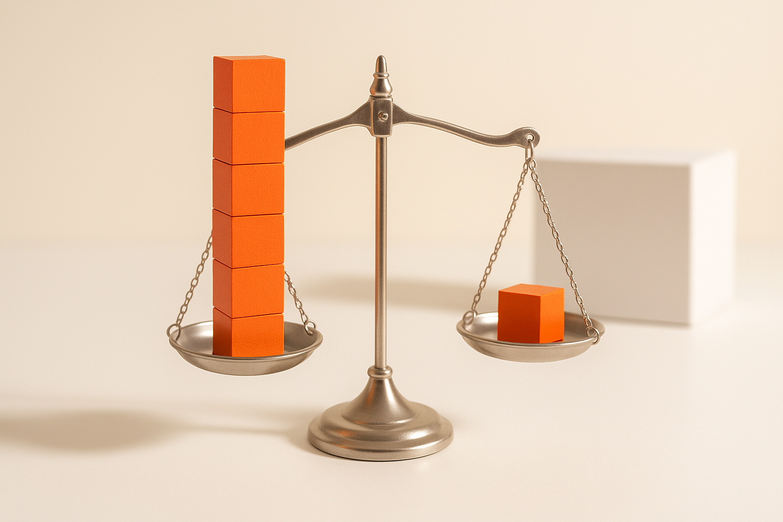 A balance scale with a tall stack of orange cubes on one pan and a single orange cube on the other