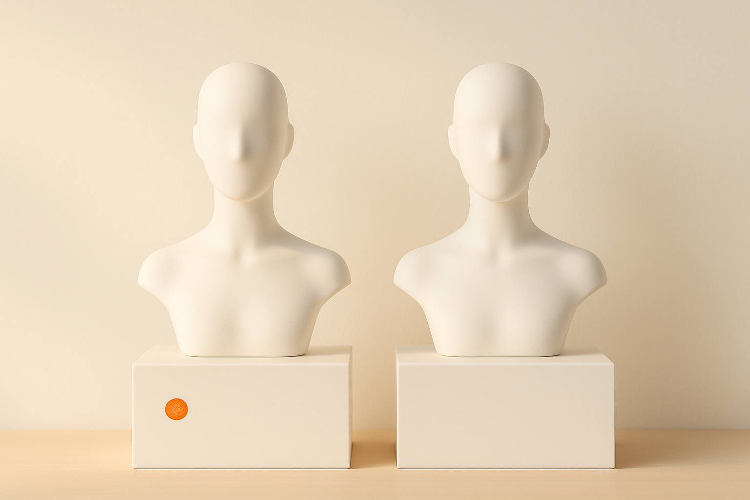 Two indistinguishable faceless white mannequin busts on identical pedestals, one base carrying a small orange marker dot