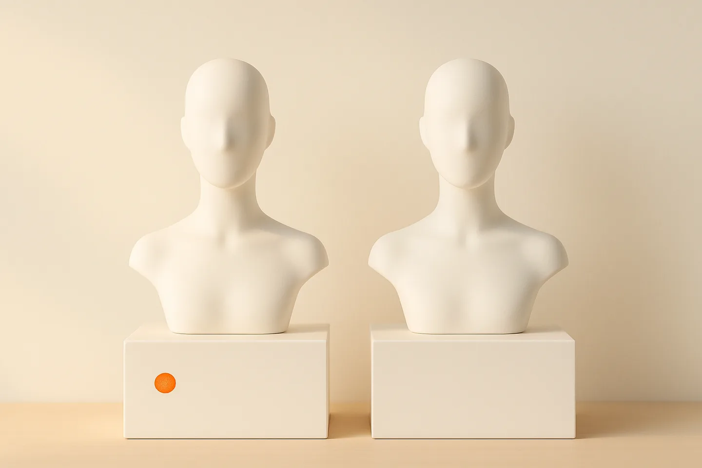 Two indistinguishable faceless white mannequin busts on identical pedestals, one base carrying a small orange marker dot