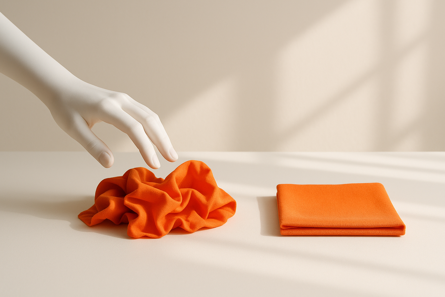 A faceless white mannequin hand reaching for crumpled orange fabric beside the same fabric neatly folded