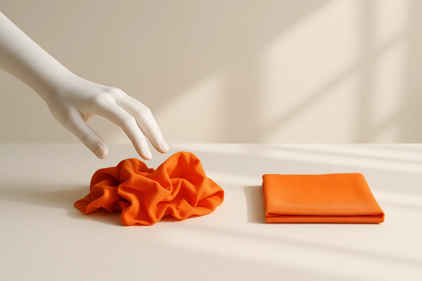 A faceless white mannequin hand reaching for crumpled orange fabric beside the same fabric neatly folded
