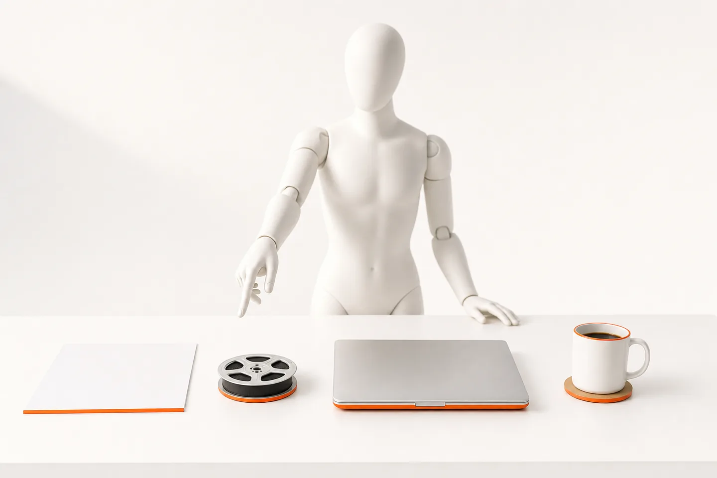 A faceless white mannequin at a white table choosing between four different orange objects laid out in a row