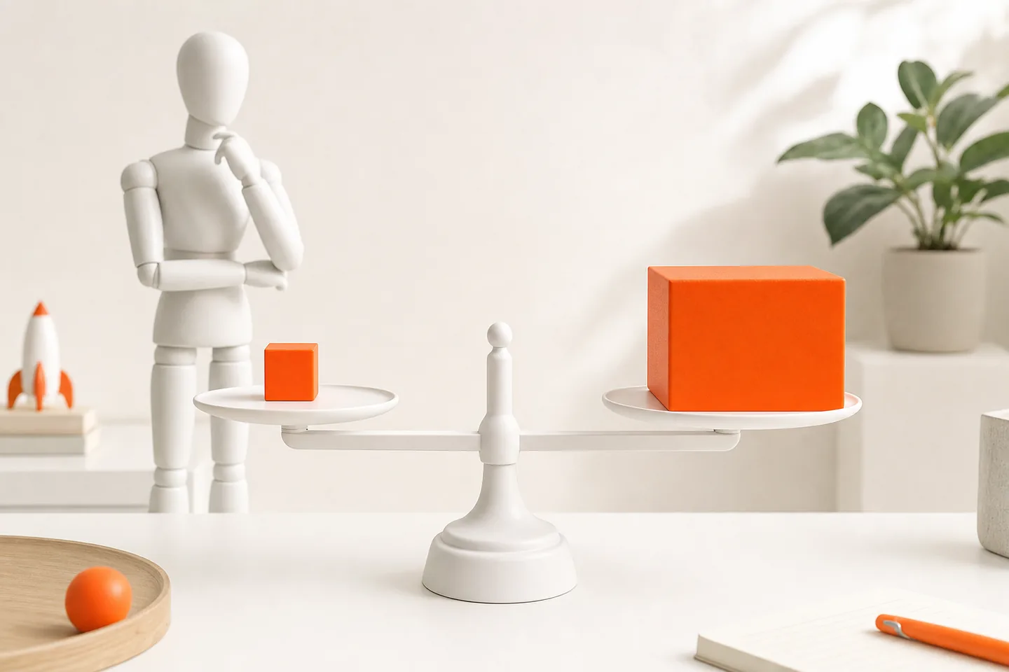A small orange cube and a large orange cube on a white scale, balanced level