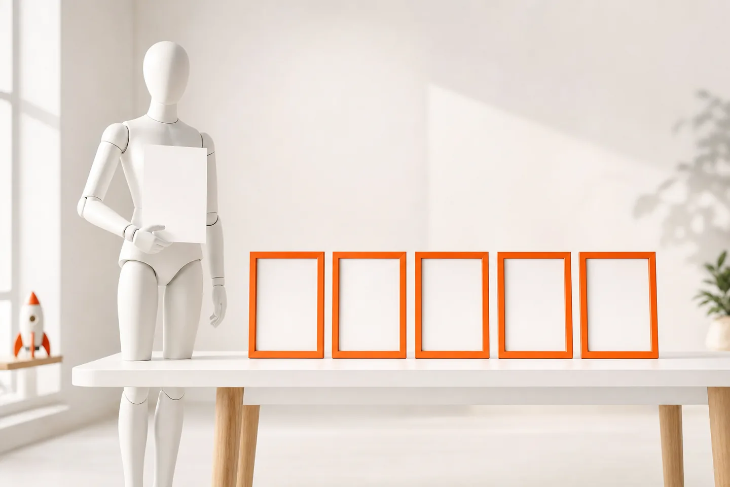 A mannequin holding one sheet of paper in front of a row of identical orange frames