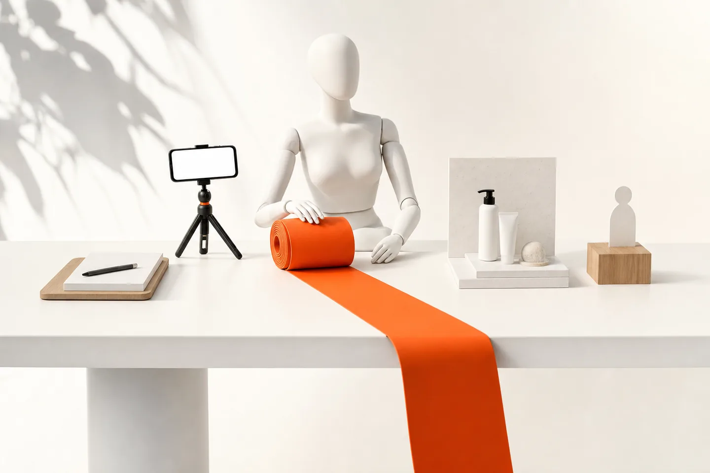 A mannequin seated at a white desk facing a long orange ribbon that runs off the edge of the table