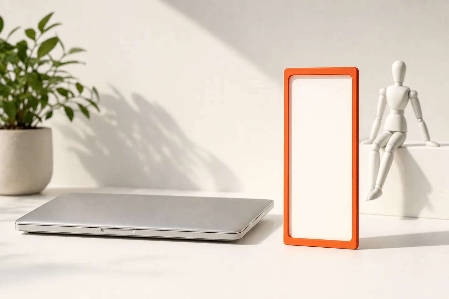A closed laptop on a white table with a single finished orange film frame standing beside it