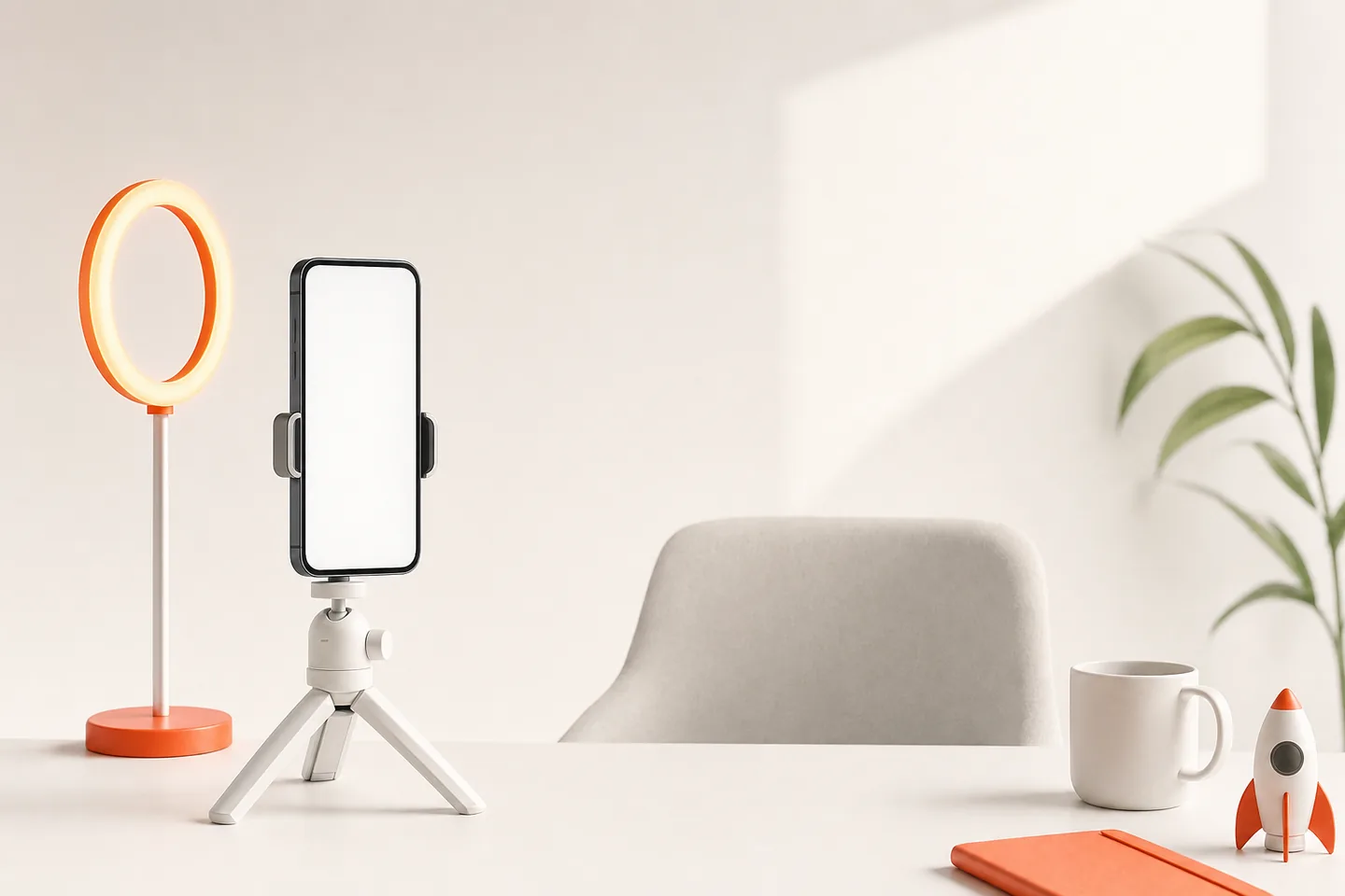 A phone on a small tripod on a white table next to an orange ring light