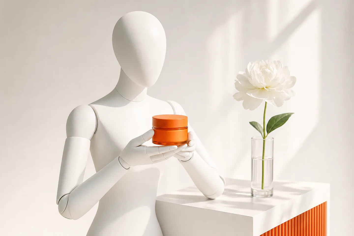 A mannequin holding a small orange jar close, with a single real flower beside it on the table
