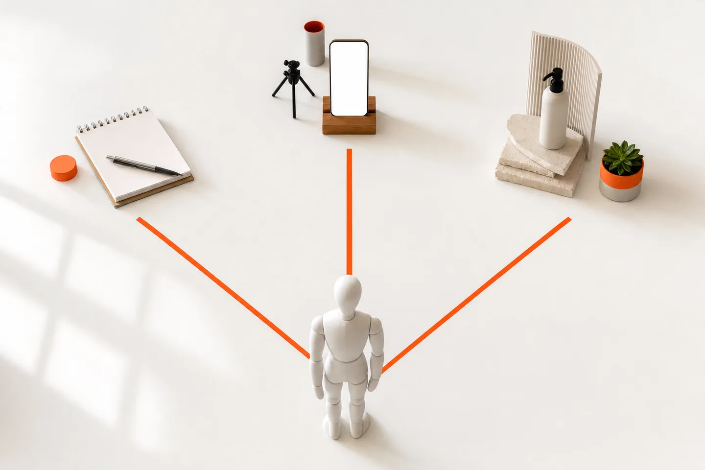 Three orange paths leading away from a mannequin across a white floor in three directions
