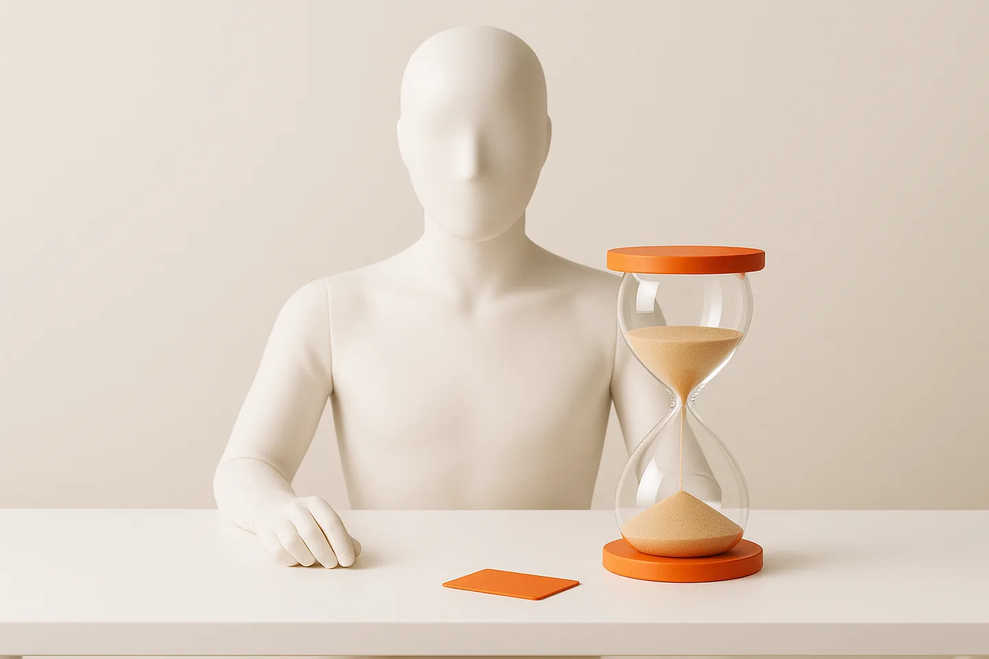 A faceless white mannequin standing beside a tall orange hourglass on a bright white table, a single small orange card next to it