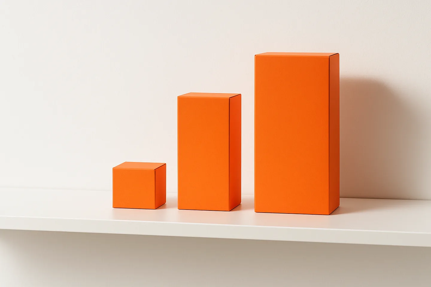 Three orange boxes of rising height on a white shelf, the tallest one twice the size of the middle one