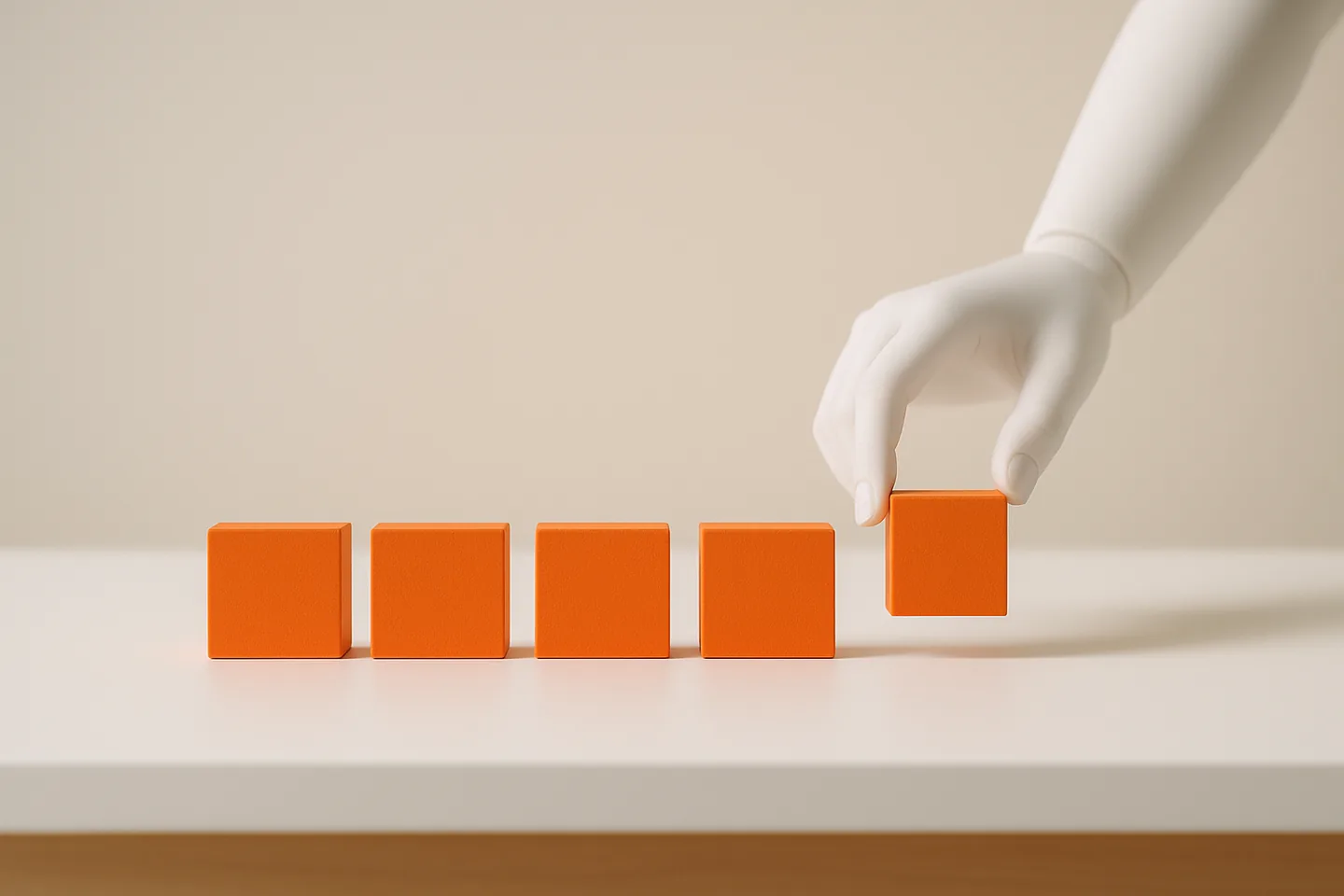 Four small orange tiles lined up evenly on a white table, with a mannequin hand sliding a fifth into place