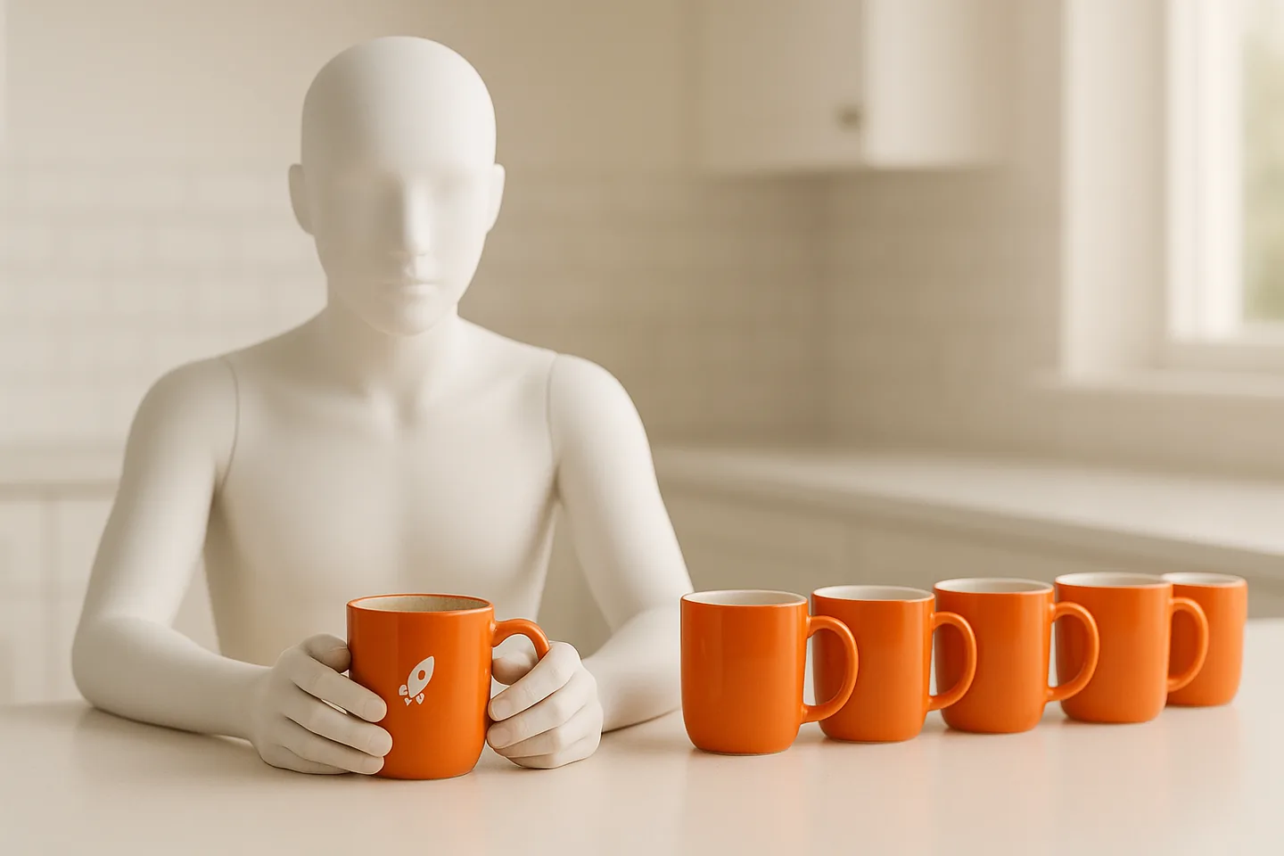 A faceless white mannequin holding a worn orange mug with both hands, next to a row of identical new mugs