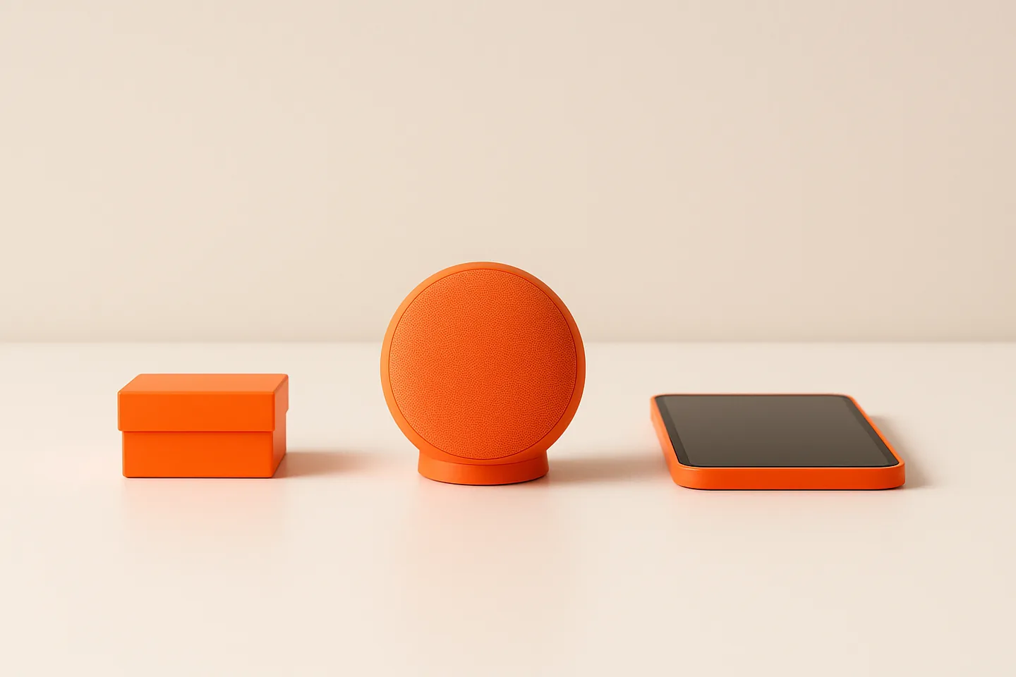 Three different orange objects on a white table, a small box, a round speaker and a flat tablet, each lit separately