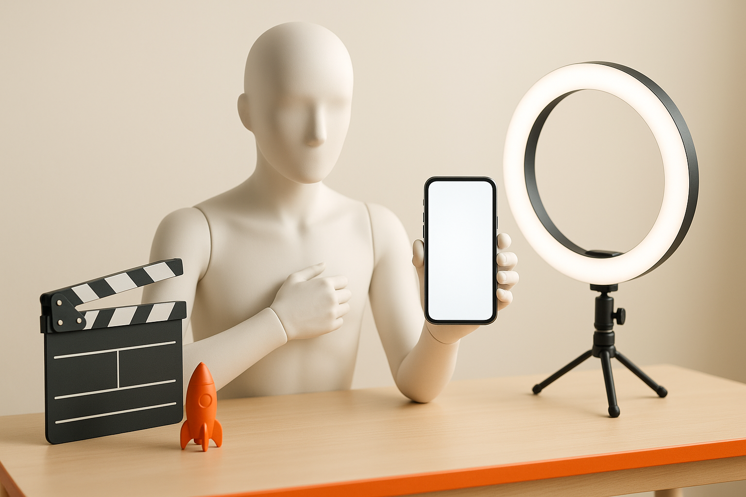 Faceless mannequin holding up a phone at a desk with a ring light, a clapperboard and a small orange rocket