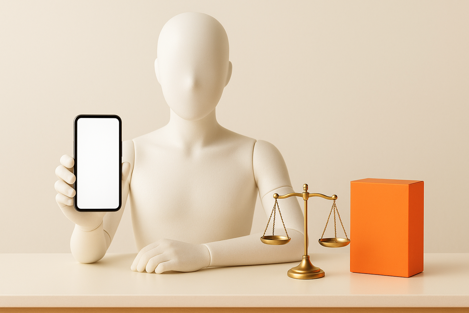Faceless mannequin holding a phone at a bright counter next to a small brass balance scale and an orange box