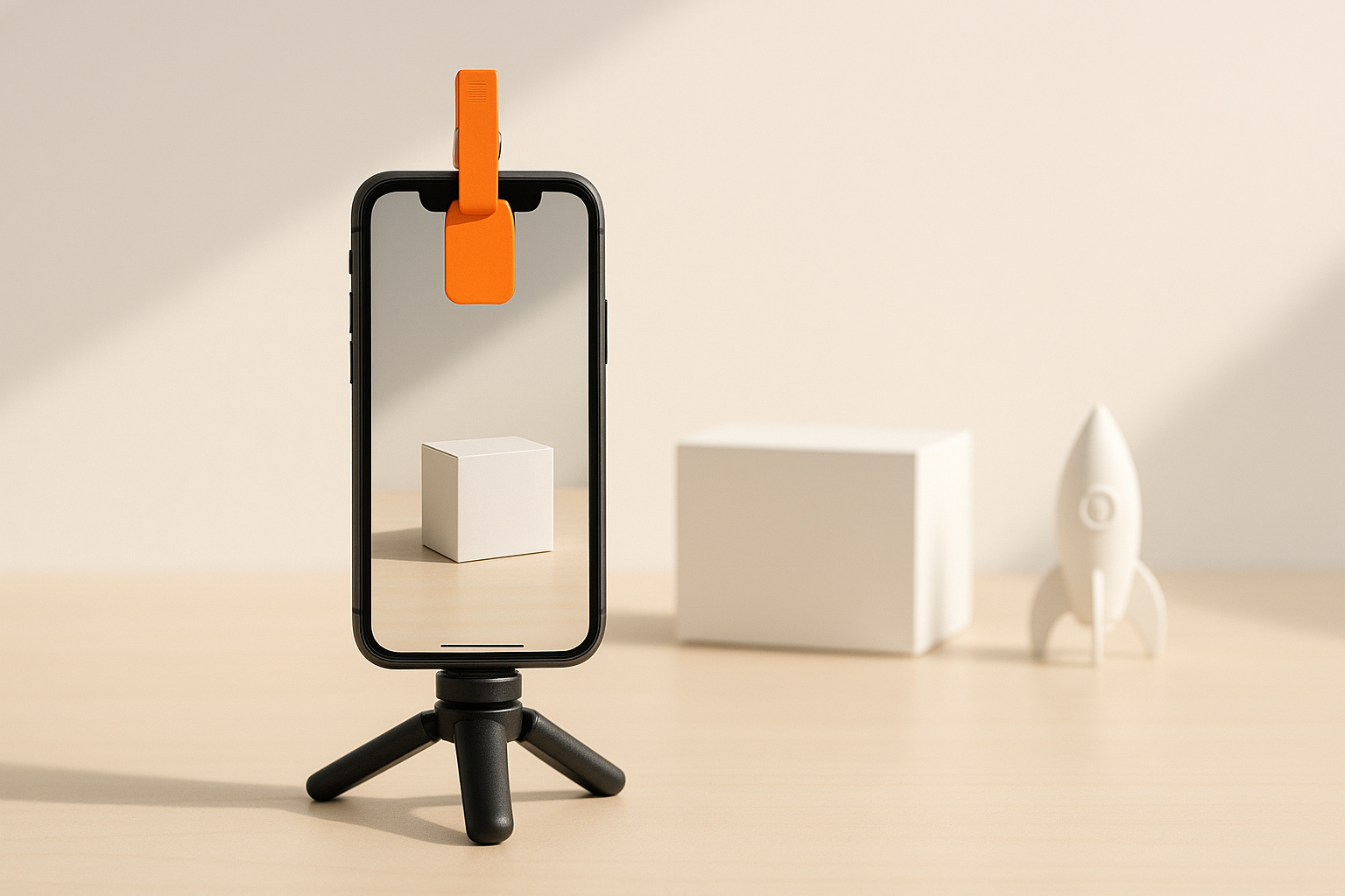 Phone on a tripod with a bright orange tag clipped to its top edge, filming a plain white box