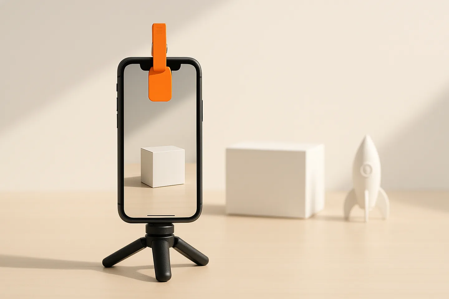 Phone on a tripod with a bright orange tag clipped to its top edge, filming a plain white box