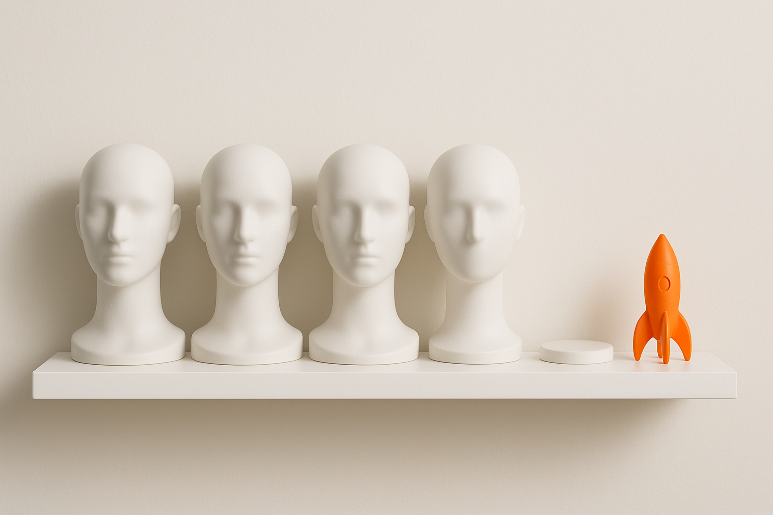 Four identical faceless mannequin heads on a bright shelf, one empty stand and a small orange rocket