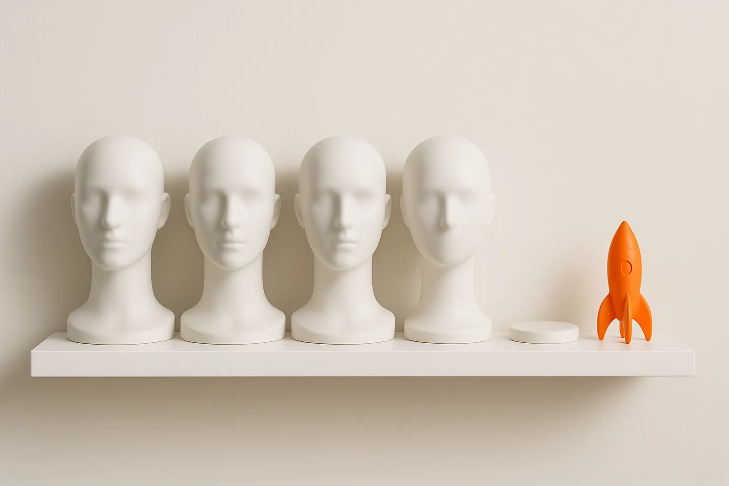 Four identical faceless mannequin heads on a bright shelf, one empty stand and a small orange rocket