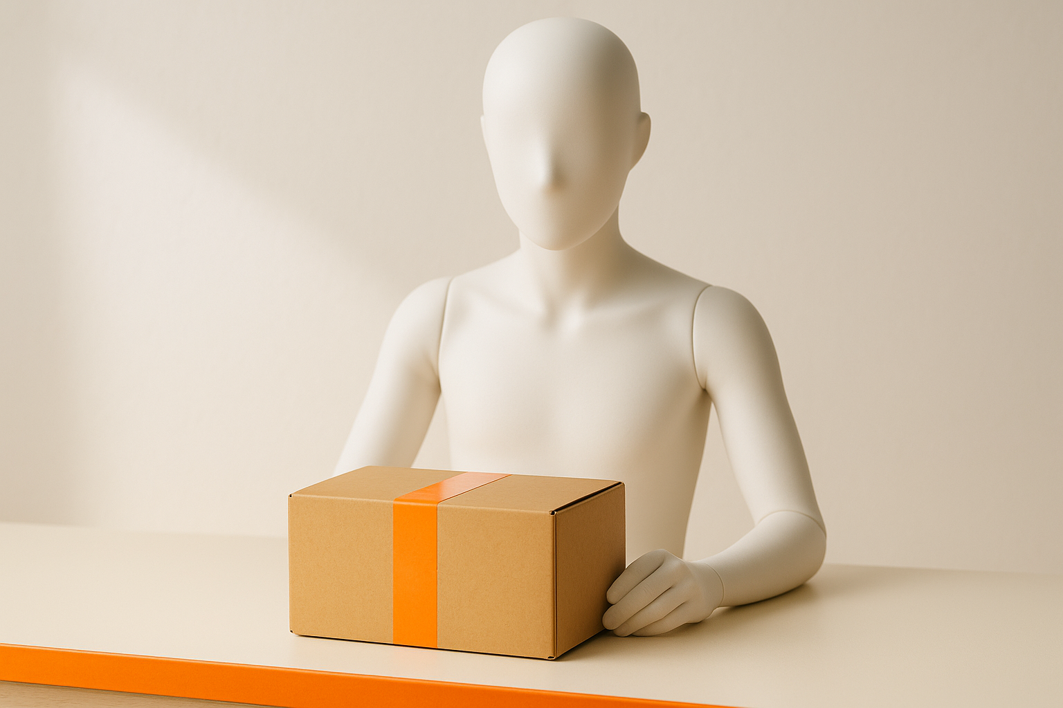 Faceless mannequin behind a sealed cardboard box with a bright orange tape band on a light counter