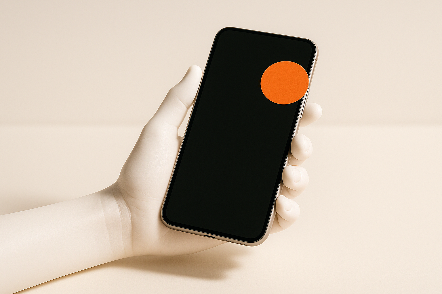 Mannequin hand holding a phone with a plain orange circular sticker on the dark screen