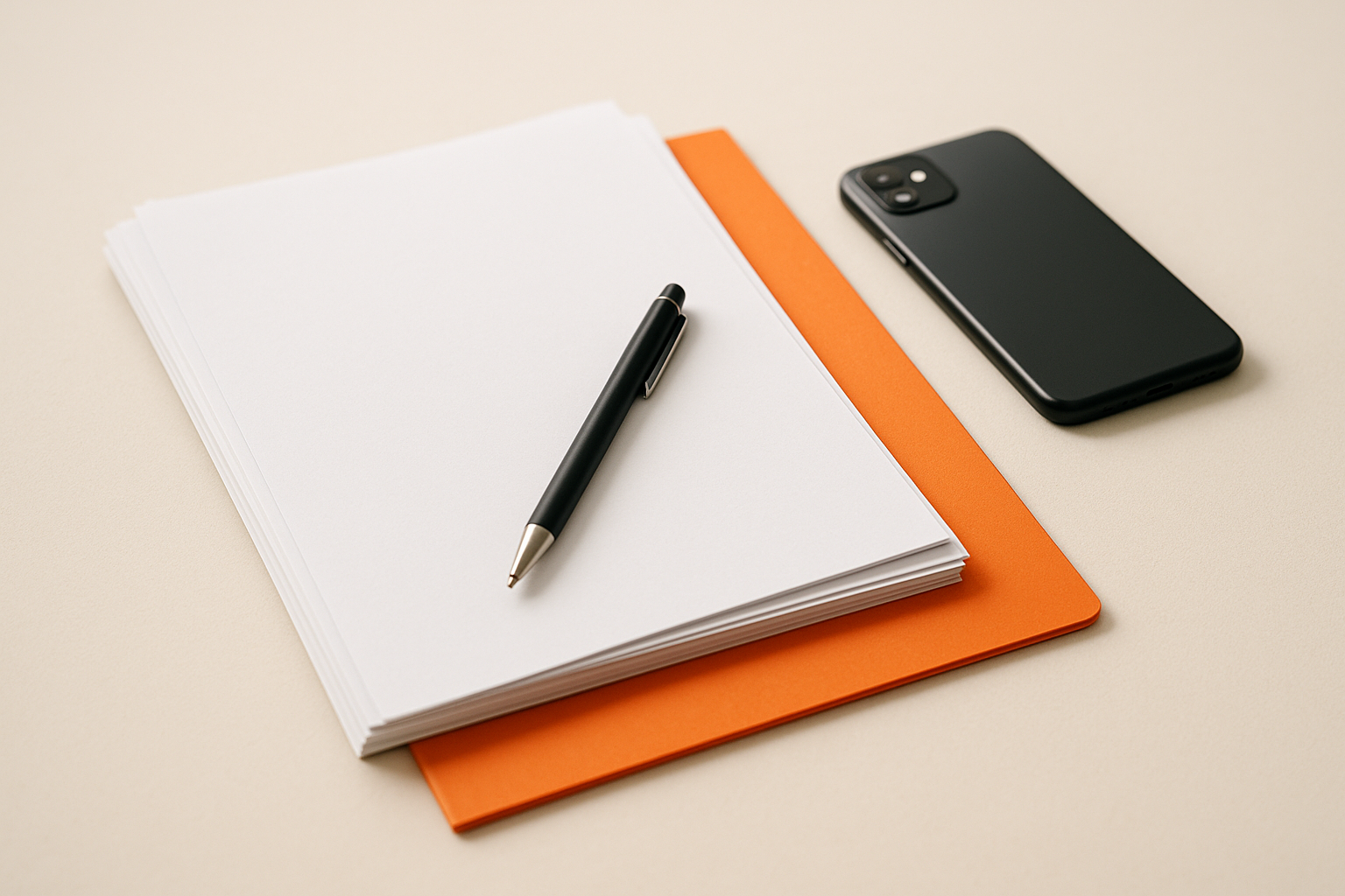 Blank paper documents with a pen, an orange folder and a face-down phone on a bright table