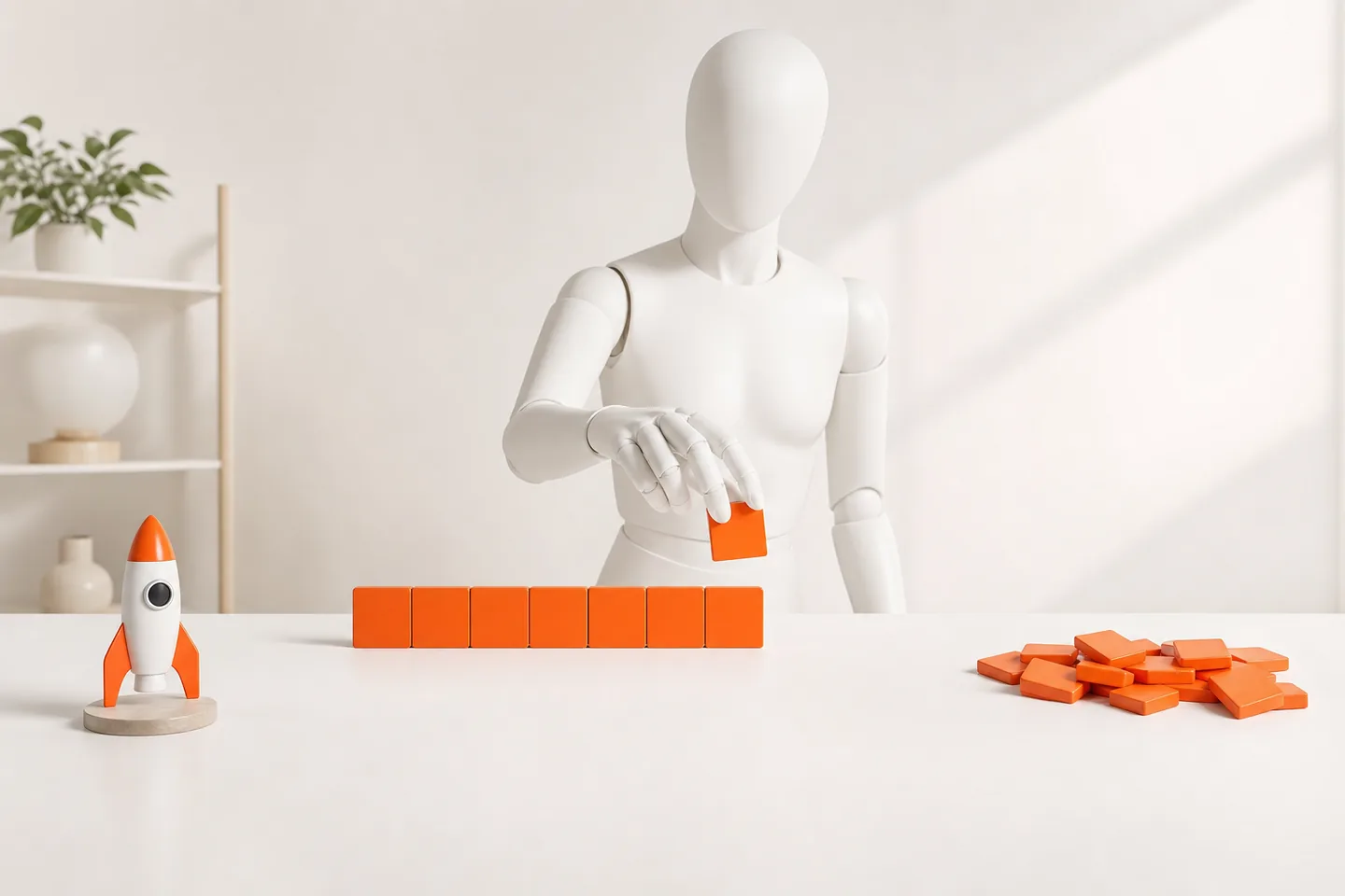 A faceless white mannequin placing small orange tiles on a white table, with a few tiles set aside in a separate pile