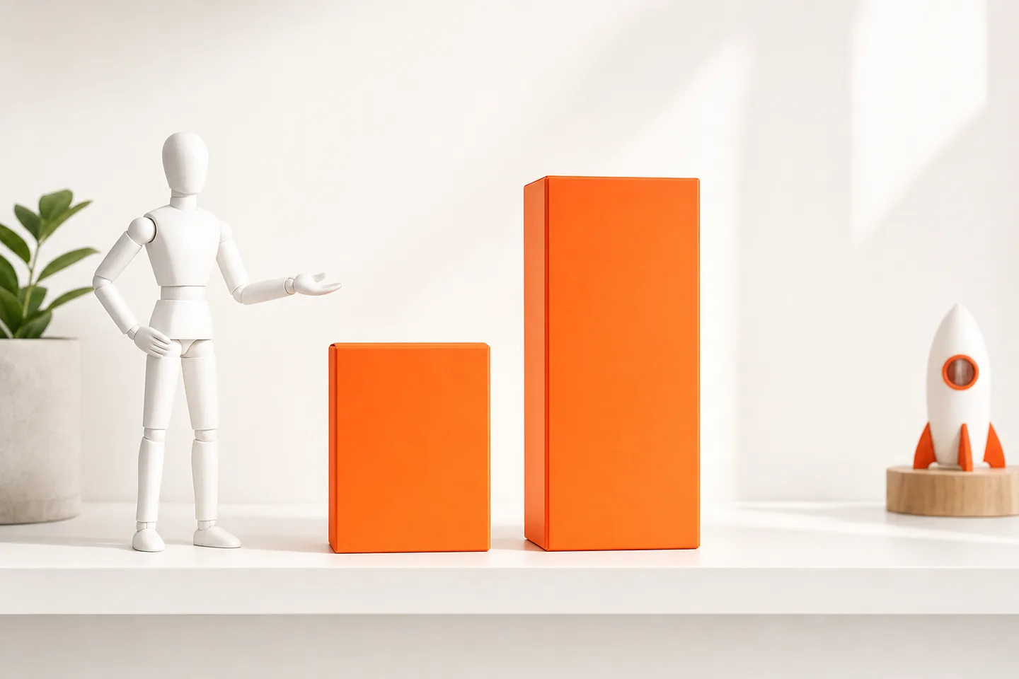 Two orange boxes on a white shelf, the second one three times the height of the first